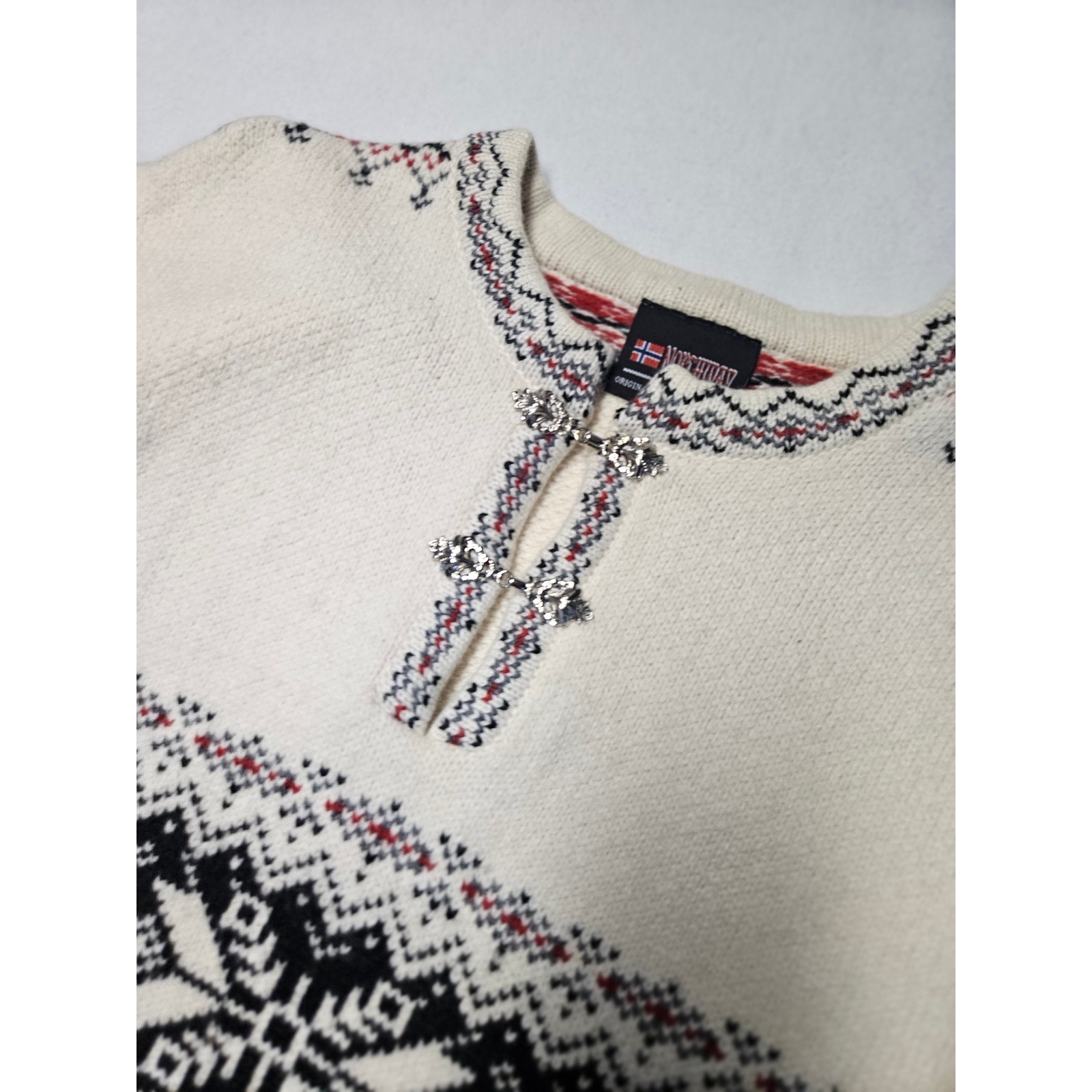 Northway Nordic Wool Sweater Mens Xxl Cream Fair Isle Metal Clasp Heritage